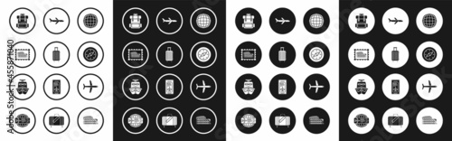 Set Earth globe, Suitcase for travel, Postal stamp and Coliseum, Hiking backpack, Compass, Plane, and Ship icon. Vector