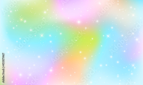 Vector illustration of galaxy fantasy background and pastel color. The unicorn in pastel sky with rainbow. Cute bright candy background. Pastel clouds and sky with bokeh. Holographic Foil. Vector
