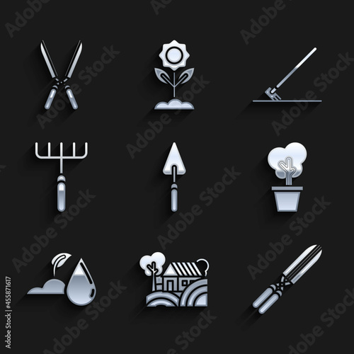 Set Garden trowel spade or shovel, Farm House concept, Gardening handmade scissors for trimming, Tree pot, Watering sprout, rake, work and icon. Vector