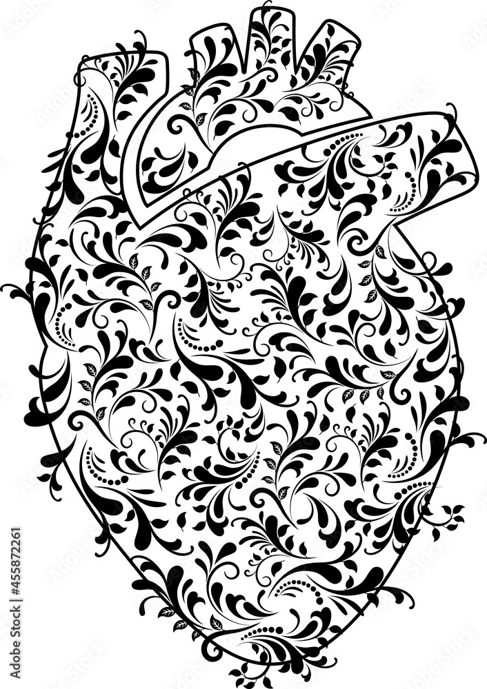 Heart made from black floral. Vector illustration.	