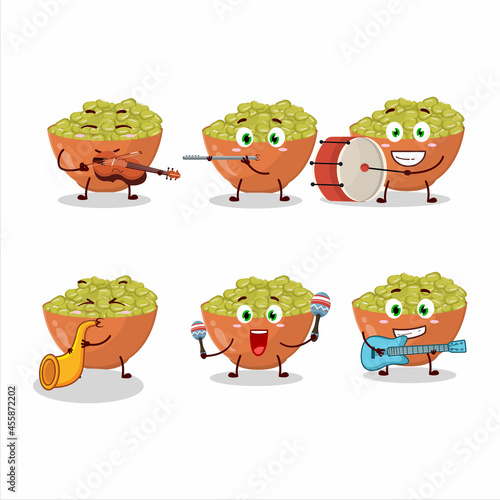 Cartoon character of mung beans playing some musical instruments