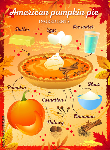 Illustrated poster with ingredients for american pumpkin pie. Pumpkin pie recipe illustration for Thanksgiving Day