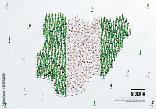 Nigeria Map and Flag. A large group of people in the Nigerian flag color form to create the map. Vector Illustration.
