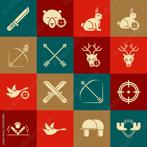 Set Moose horns on shield, Target sport for shooting competition, Deer head with antlers, Rabbit, Crossed arrows, Bow and fire, Hunter knife and deer crosshairs icon. Vector