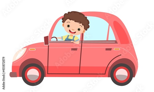Childrens car. Kid rides on red retro automobile. Toy vehicle. With a motor. Cute passenger auto. Isolated on white background. Vector