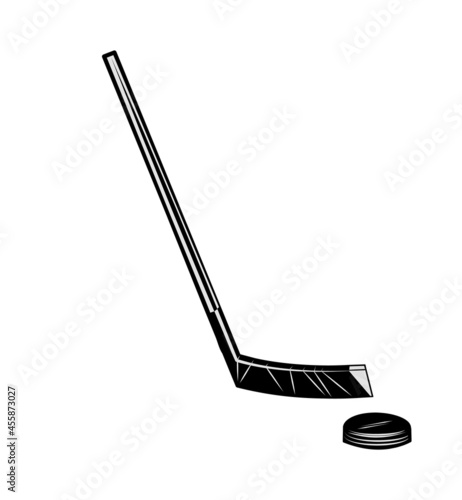 Hockey stick and puck. Sports equipment for athletes. Isolated on white background. Symbol, icon. Monochrome Illustration Vector