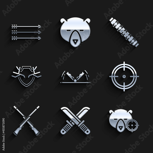 Set Trap hunting, Hunt on bear with crosshairs, Target sport for shooting competition, Two crossed shotguns, Deer antlers shield, Hunting cartridge belt cartridges and Hipster arrows icon. Vector