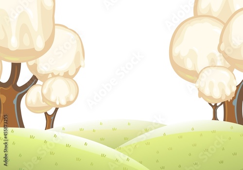 Fabulous sweet forest. Ice cream, drips of white milk cream. Trees with chocolate trunks. Cute hilly landscape for children. Isolated illustration. Vector