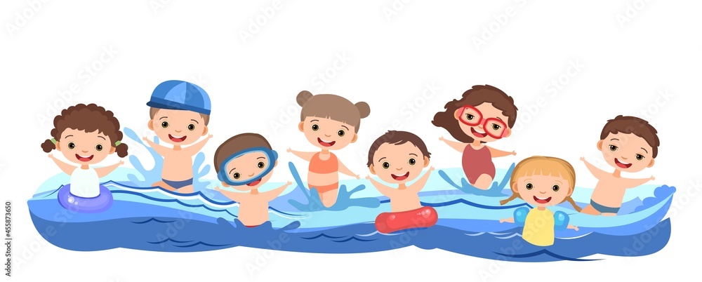 Children fun and splashing in water. Swimming, diving and water sports. Pool or beach. Isolated on white background. Illustration in cartoon style. Flat design. Vector art Children fun and splashing in water. Swimming, diving and water sports. Pool or beach. Isolated on white background. Illustration in cartoon style. Flat design. Vector art
