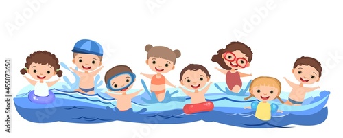 Wallpaper Mural Children fun and splashing in water. Swimming, diving and water sports. Pool or beach. Isolated on white background. Illustration in cartoon style. Flat design. Vector art Torontodigital.ca