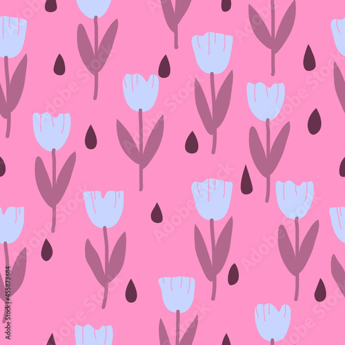 Tulip seamless pattern with water drop abstract on pink background. © Oratai