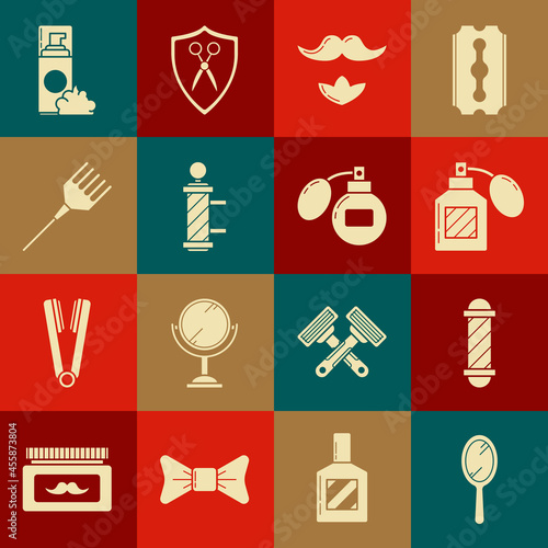 Set Hand mirror, Classic Barber shop pole, Aftershave, Mustache beard, Hairbrush, Shaving gel foam and icon. Vector