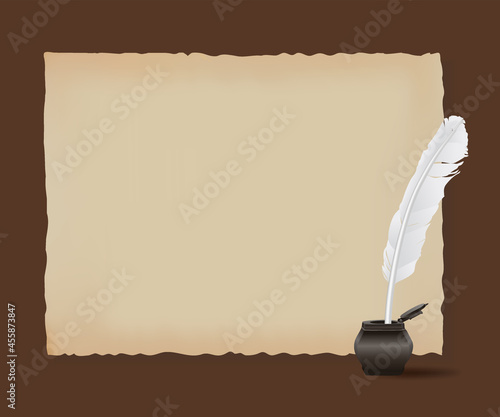 Ancient horizontal scroll and white feather, old papyrus and quill vector illustration