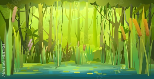 Green summer forest landscape. Swampy coast with cattails and reed. Flat style. Leaves of water lilies. Quiet river or lake. Wild overgrown pond on background of trees and bushes. Illustration vector
