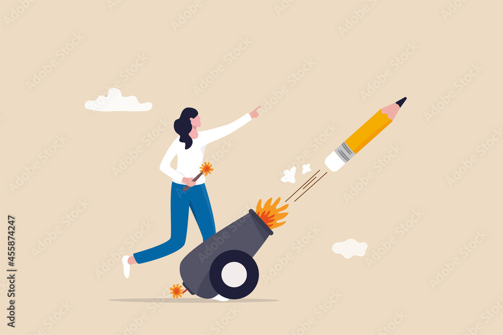 Launch new creativity idea, boost inspiration and challenge, start writing blog, storytelling or create brand concept, motivated creative woman launch new idea by shooting pencil cannon into the sky.