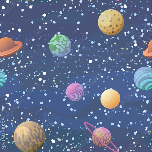 Cosmos background. Planets and satellites. Seamless pattern. Childrens illustration. Starry sky landscape. Flat style. Cartoon design. Vector