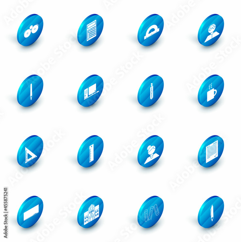 Set Calculator, Protractor grid for measuring degrees, Student, Pen, Triangular ruler, Computer monitor with keyboard and mouse, Coffee cup and Stationery knife icon. Vector