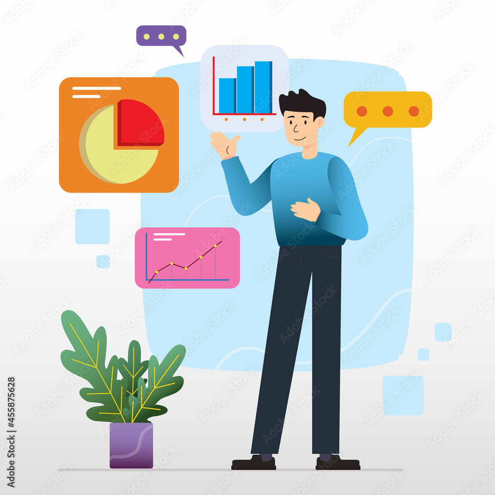 man presenting various charts in the office. Front look. Colorful flat cartoon vector icon. man presenting various charts in the office. Front look. Colorful flat cartoon vector icon.