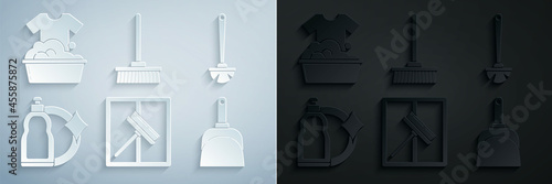 Set Squeegee, scraper, wiper, Toilet brush, Plastic bottles for liquid dishwashing liquid, Dustpan, Mop and basin with soap suds icon. Vector