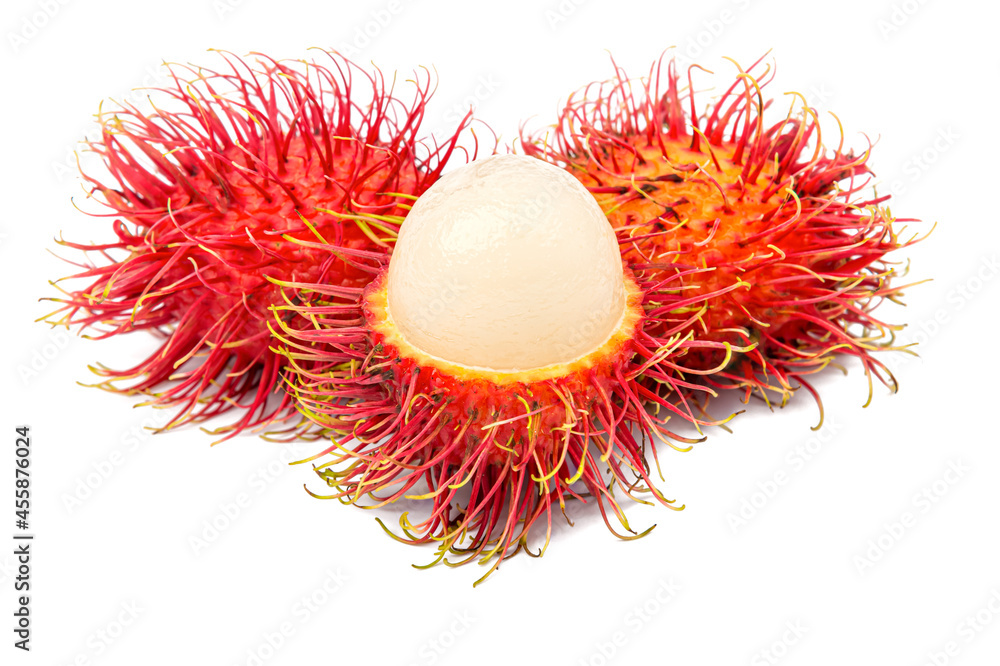 Rambutans, a sweet fruit isolated on white background close up Rambutans, a sweet fruit isolated on white background close up