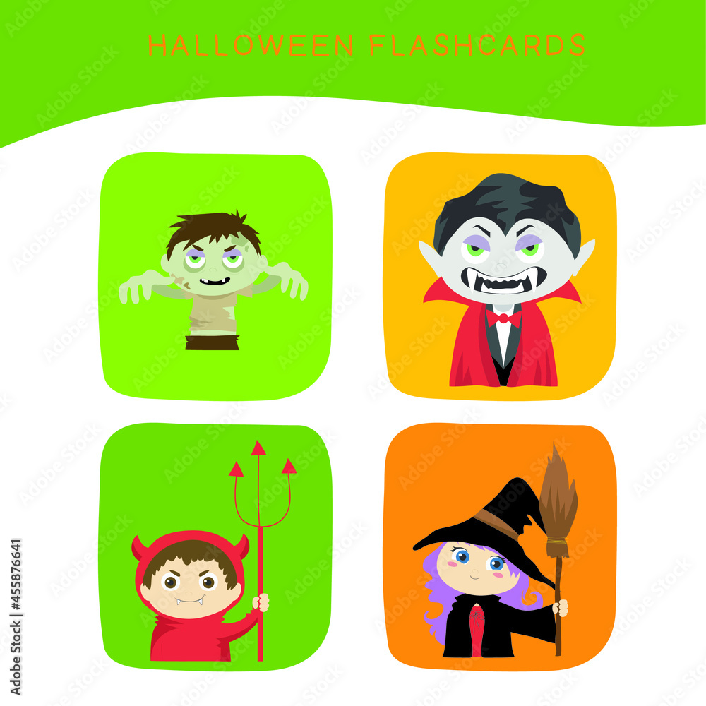 Halloween Flashcards for Children. Cute creepy Halloween flashcards collection. Printable game cards. Vector illustration. Halloween Flashcards for Children. Cute creepy Halloween flashcards collection. Printable game cards. Vector illustration.