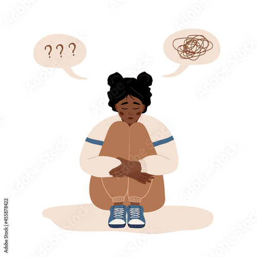 Mental health concept. Lonely african woman sitting on floor and hugging knees. Depressed teenager needs psychological help. Mood disorder. Vector illustration in cartoon style.