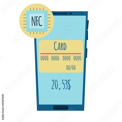 The concept of using a phone instead of a bank card. Phone with NFC chip.