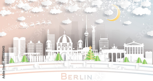 Berlin Germany City Skyline in Paper Cut Style with Snowflakes, Moon and Neon Garland.
