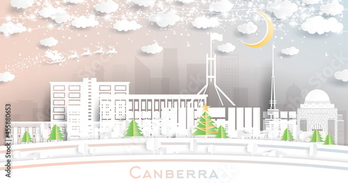 Canberra Australia City Skyline in Paper Cut Style with Snowflakes, Moon and Neon Garland.