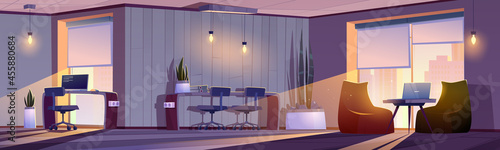 Coworking or home office interior evening view, working room with pc desk, beanbag chairs, files on table front of large window with dusk cityscape, freelance modern area cartoon vector illustration