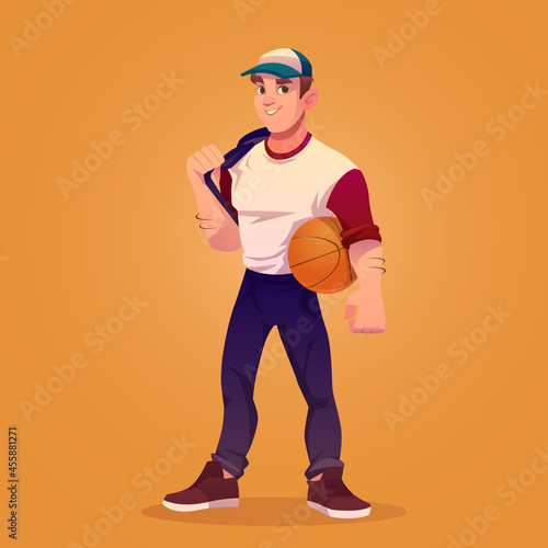 Basketball player with ball, sportsman. Vector cartoon illustration of muscular man in cap, professional athlete or sport trainer. Handsome strong guy with smile isolated on orange background