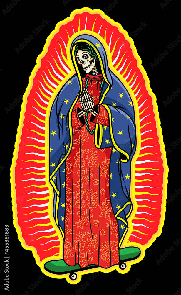 Virgin of Guadalupe on a skateboard. The Virgin Skeleton Mary Vector