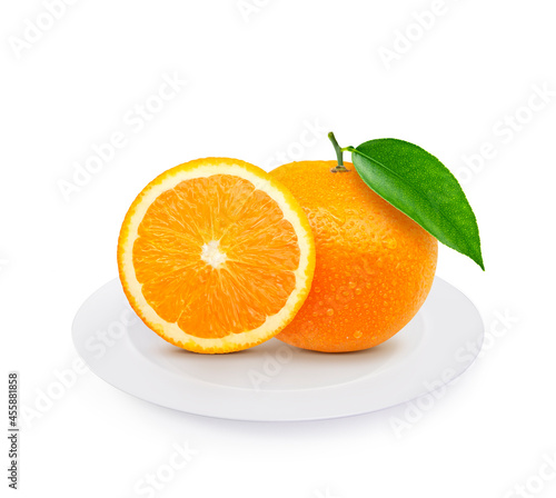 Orange fruit on plate isolated on white background