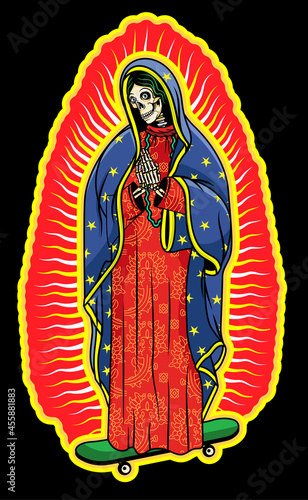 Virgin of Guadalupe on a skateboard. The Virgin Skeleton Mary Vector Poster Illustration.