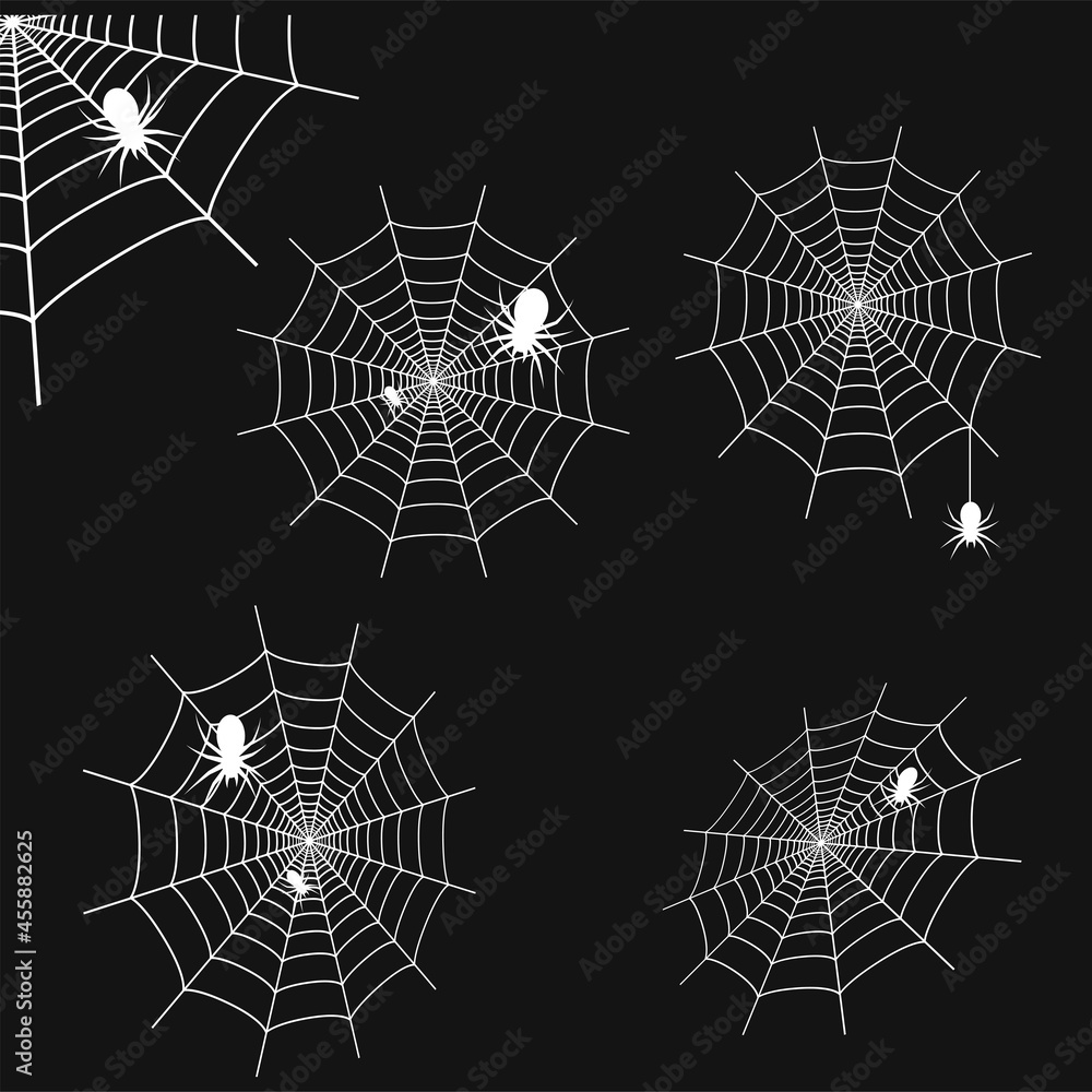 Set of white cobweb with spiders on black background. Spider web. Vector