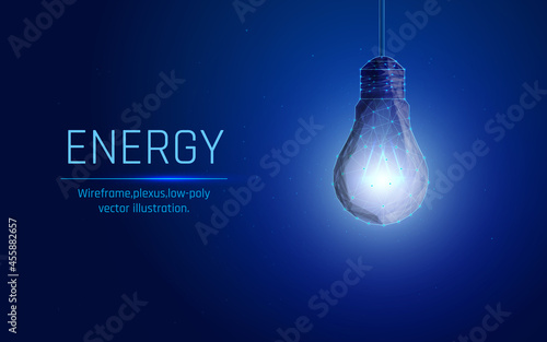 Glowing light bulb with energy. Electricity and energy saving concept .business related to electricity. Energy sources. Plexus style, low poly, wireframe, triangle, dots, dark blue background
