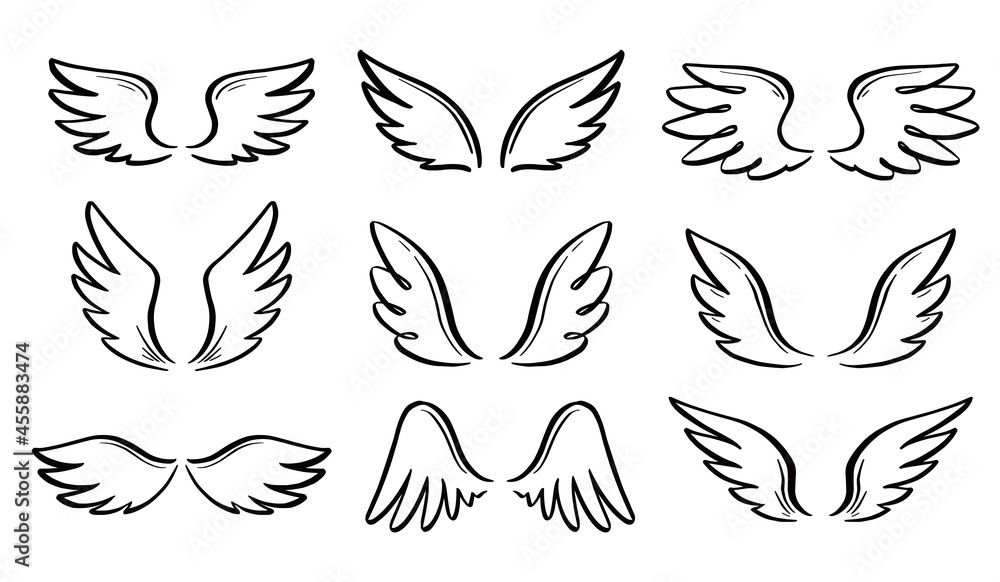 Fototapeta premium Angel doodle wing set. Hand drawn sketch style wing. Bird feather, angel concept vector illustration. Pencil line drawing.