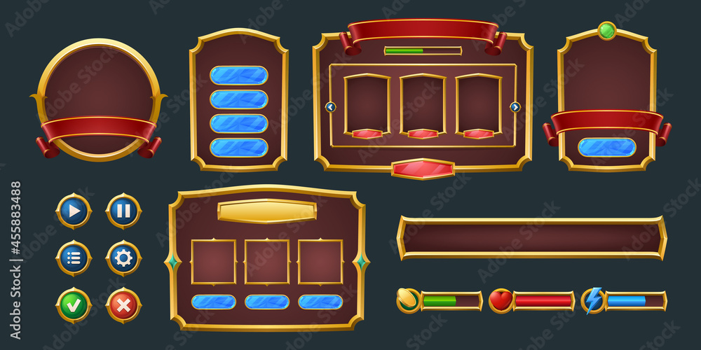 Vettoriale Stock Set of game frames, bars and menu buttons cartoon  interface elements. Empty borders with banners, ui or gui design blue, red  and green scales, play, pause keys, user panel settings