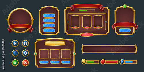 Set of game frames, bars and menu buttons cartoon interface elements. Empty borders with banners, ui or gui design blue, red and green scales, play, pause keys, user panel settings isolated vector kit