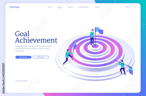 Goal achievement banner. Concept of work strategy for achieve objectives and purpose performance. Vector landing page with isometric illustration of people with flags on circle target