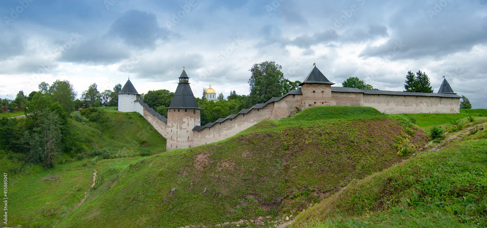 The city of Pechora. Panorama. Towers and walls of the Holy Dormition Pskov-Pechersk Monastery