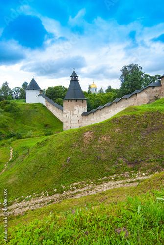 The city of Pechora. Fortress wall and towers of the Holy Dormition Pskov-Pechersk Monastery