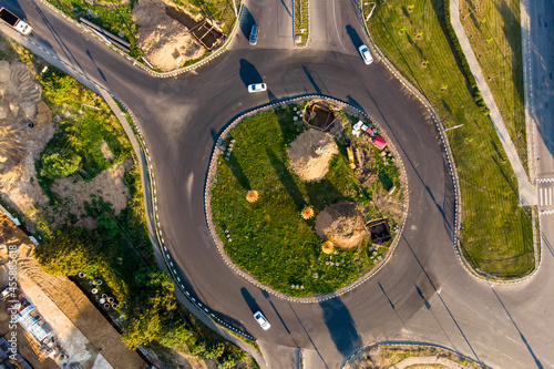 Roundabout on a highway, right angle aerial view of a curved ring