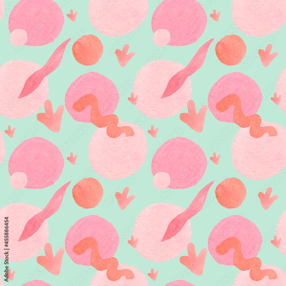 Seamless watercolor pattern in 60's style on green isolated background.Bright colorful Abstract,Vintage,Hip,Polka Dot hand drawn designs for textiles,wrapping paper,fabric,packaging,scrapbook paper. Seamless watercolor pattern in 60's style on green isolated background.Bright colorful Abstract,Vintage,Hip,Polka Dot hand drawn designs for textiles,wrapping paper,fabric,packaging,scrapbook paper.
