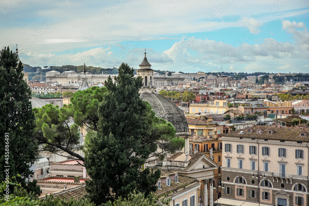 View of Rome, St. Peter's Cathedral, the Altar of the Fatherland and other attractions from the Pincio hill. Rome, Italy