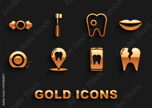 Set Dental clinic location, Smiling lips, Broken tooth, Online dental care, floss, Tooth with caries, Candy and Toothbrush icon. Vector