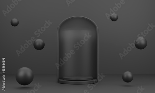 abstract round podium and ball for product display with black background and 3d rendered geometric ball shapes