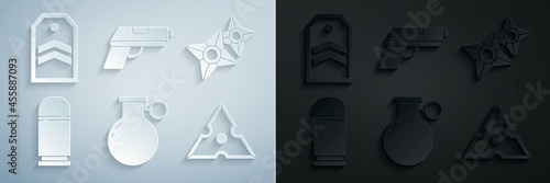 Set Hand grenade, Japanese ninja shuriken, Cartridges, Pistol or gun and Chevron icon. Vector