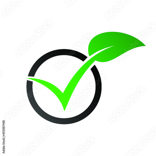 Check mark with green leaf. Checkbox with eco tick. Vector illustration.