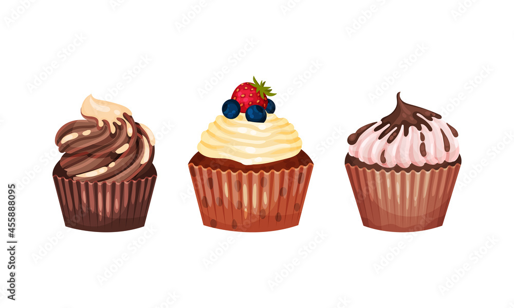 Sweet Cupcake or Fairy Cake Baked in Paper Cup Topped with Whipped Cream Vector Set